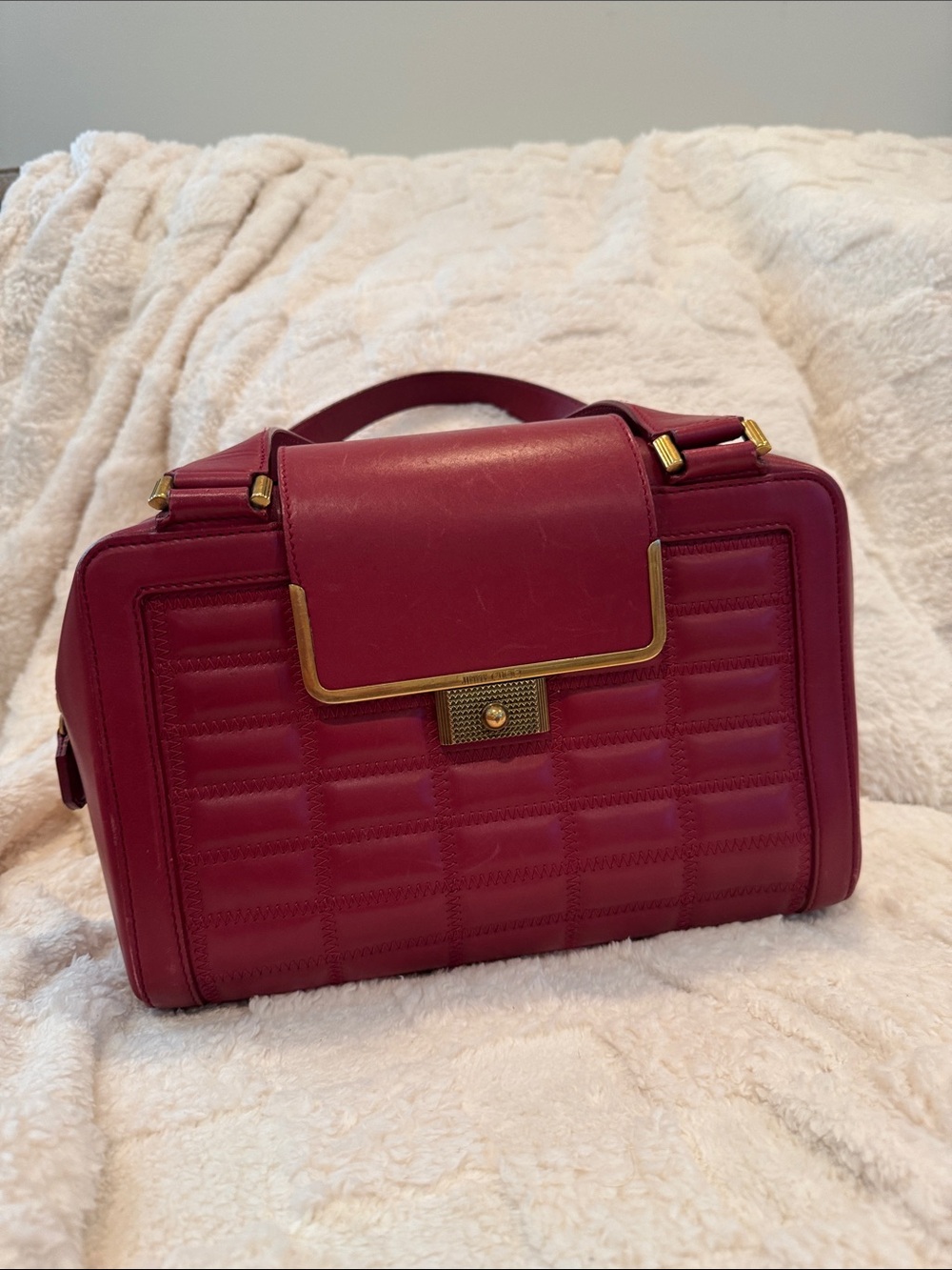 Jimmy Choo Quilted Raspberry-Red Leather Top-Handle Satchel with Gold Hardware